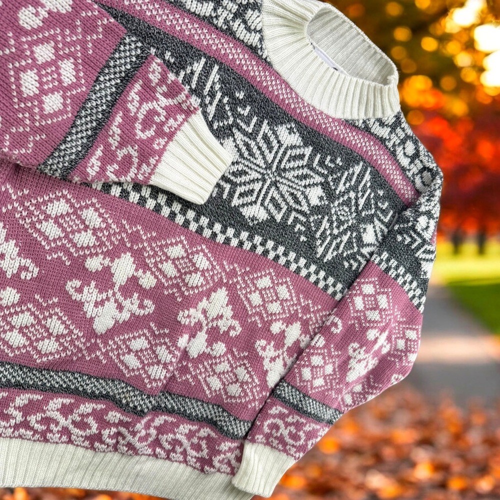 Vintage Cut 4 U Nordic Snowflake Fair‎ Isle Knit Sweater Women XL Pink Mock Neck